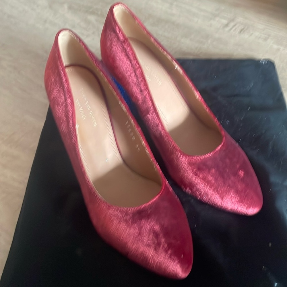 Dries Van Noten red velvet and blue glitter heels